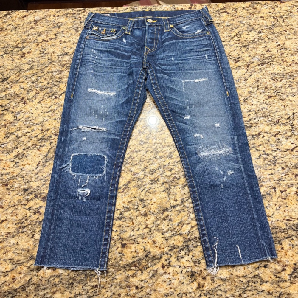 True Religion Distressed Straight Leg Jeans Skull Rose Patch USA Made Blue 28 ws